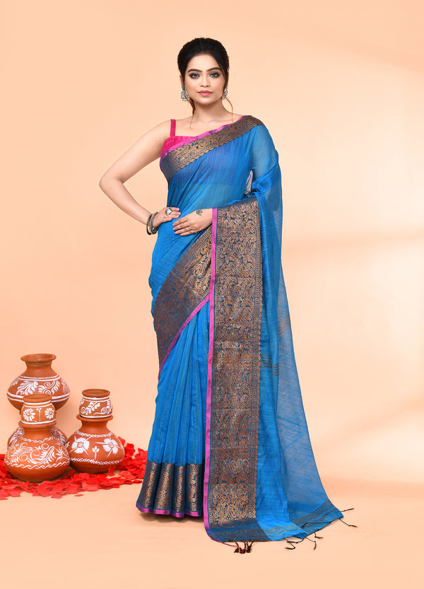 Piyari Fashion Women`s Cotton Blend Sky Blue Handloom Saree With Blouse