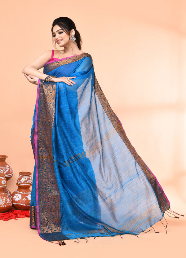 Piyari Fashion Women`s Cotton Blend Sky Blue Handloom Saree With Blouse