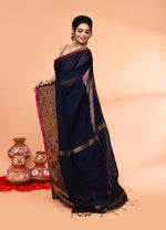 Thumbnail for Piyari Fashion Women`s Cotton Blend Navy Blue Handloom Saree With Blouse