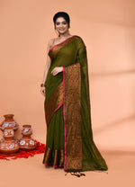 Thumbnail for Piyari Fashion Women`s Cotton Blend Moss Green Handloom Saree With Blouse