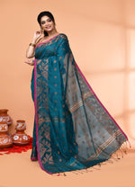 Thumbnail for Piyari Fashion Women`s Cotton Blend Teal Handloom Saree With Blouse