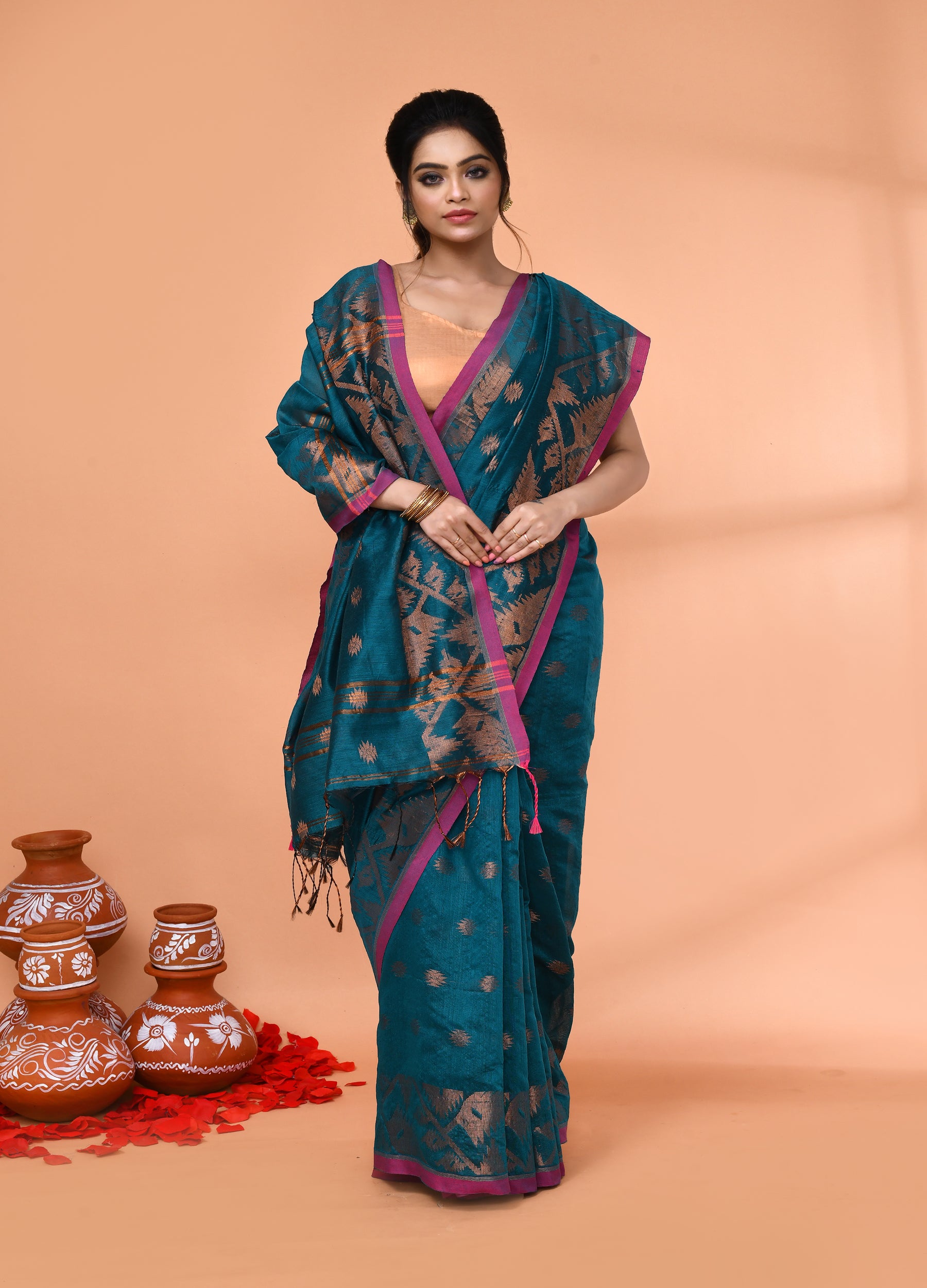 Piyari Fashion Women`s Cotton Blend Teal Handloom Saree With Blouse