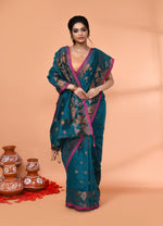Thumbnail for Piyari Fashion Women`s Cotton Blend Teal Handloom Saree With Blouse