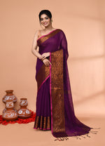 Thumbnail for Piyari Fashion Women`s Cotton Blend Magenta Handloom Saree With Blouse