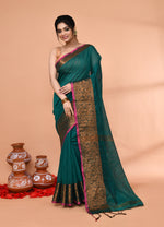 Thumbnail for Piyari Fashion Women`s Cotton Blend Teal Handloom Saree With Blouse
