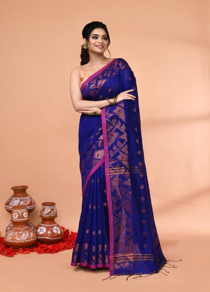 Piyari Fashion Women`s Cotton Blend Royel Blue Handloom Saree With Blouse