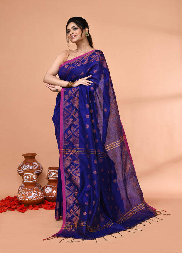 Piyari Fashion Women`s Cotton Blend Royel Blue Handloom Saree With Blouse