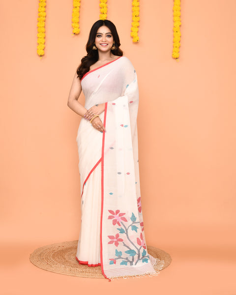 Piyari Fashion Women's White Cotton Jamdani Saree