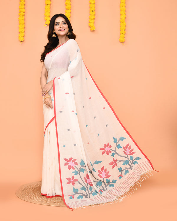 Piyari Fashion Women's White Cotton Jamdani Saree