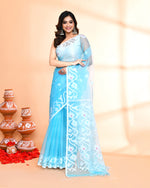 Thumbnail for Piyari Fashion Women`s Aqua Hand Work Art Silk Jamdani Saree With Blouse