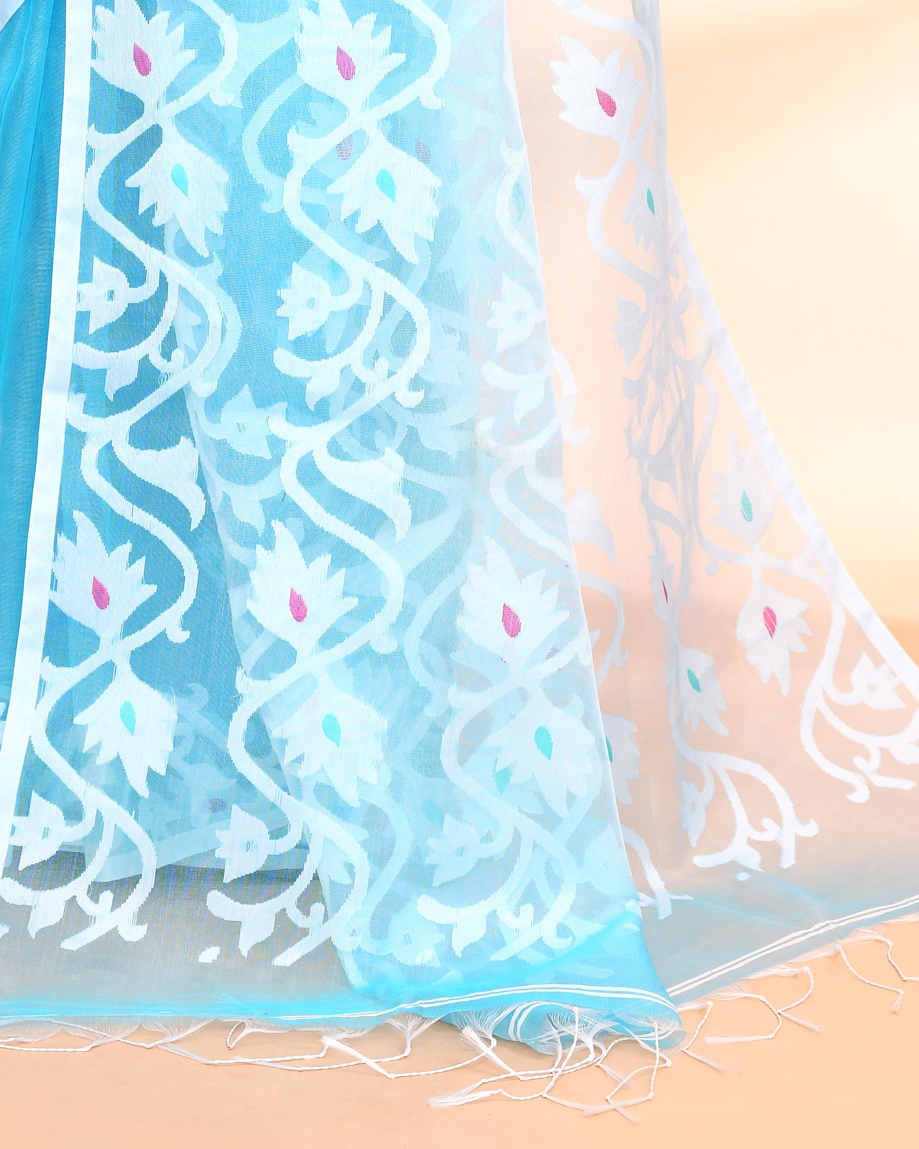 Piyari Fashion Women`s Aqua Hand Work Art Silk Jamdani Saree With Blouse