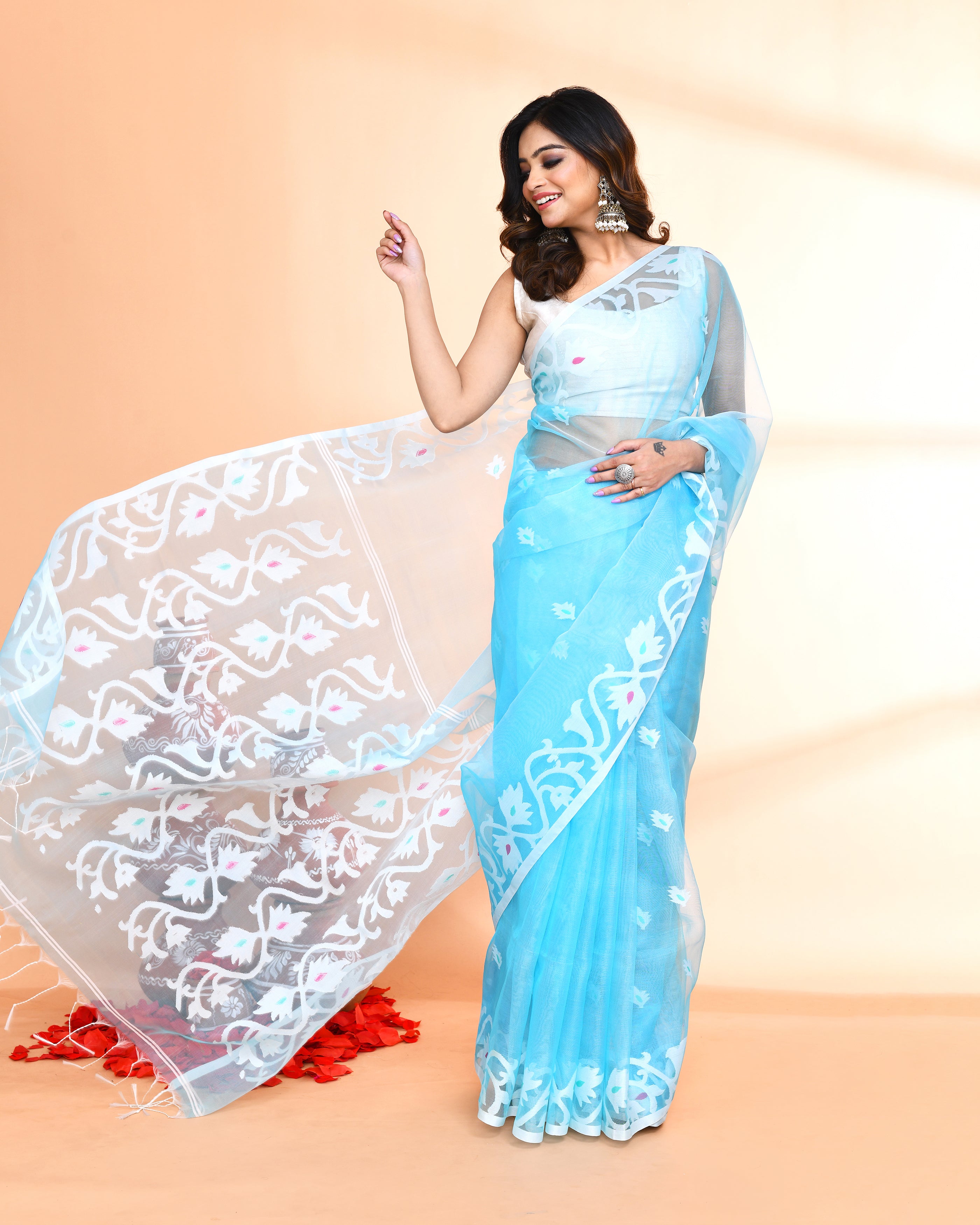 Piyari Fashion Women`s Aqua Hand Work Art Silk Jamdani Saree With Blouse