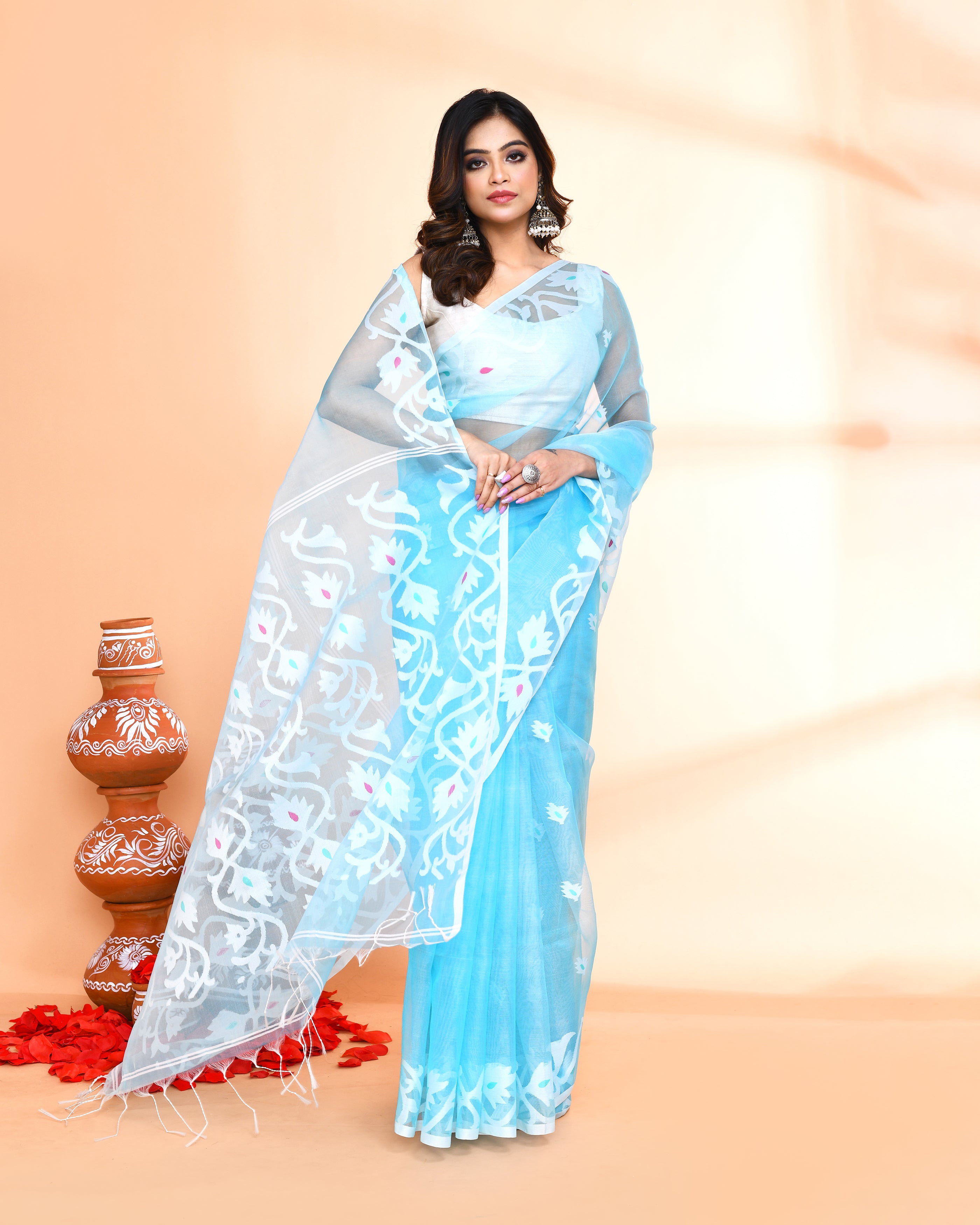 Piyari Fashion Women`s Aqua Hand Work Art Silk Jamdani Saree With Blouse