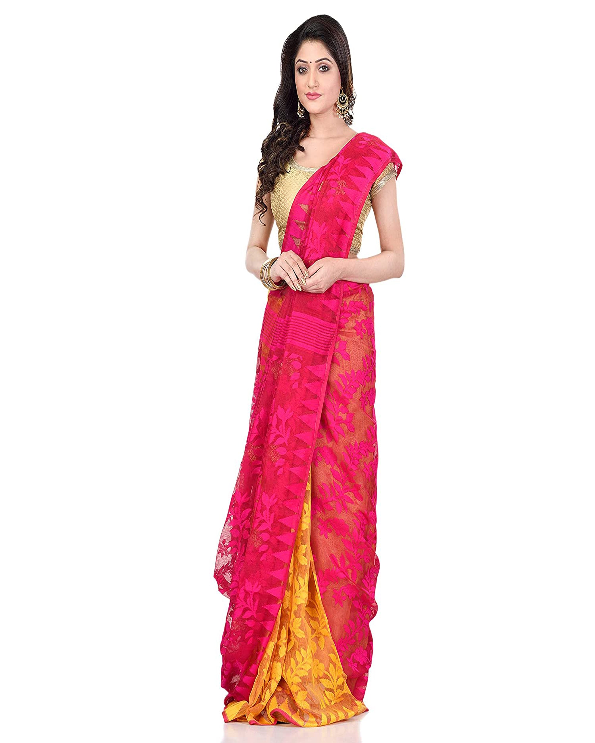 Piyari Fashion Cotton Blend Handloom Yellow Pink Jamdani Saree