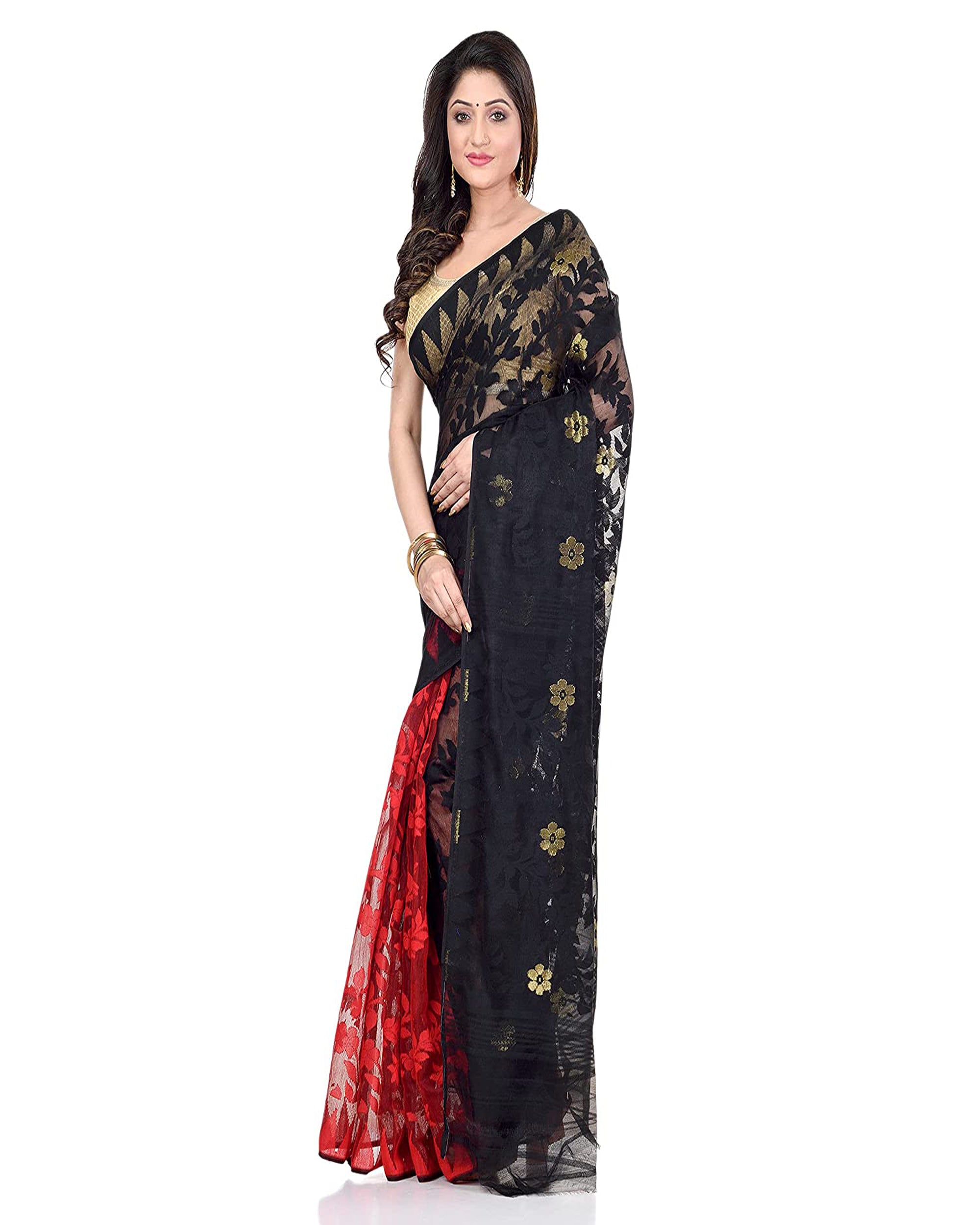 Piyari Fashion Cotton Blend Handloom Black Red Jamdani Saree