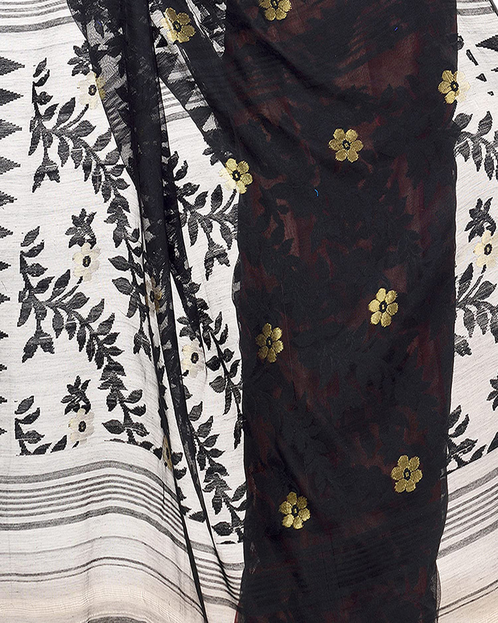 Piyari Fashion Cotton Blend Handloom Black Red Jamdani Saree