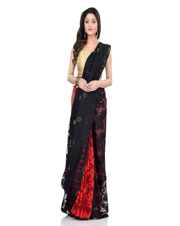 Piyari Fashion Cotton Blend Handloom Black Red Jamdani Saree