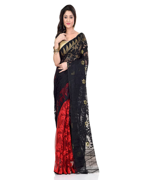 Piyari Fashion Cotton Blend Handloom Black Red Jamdani Saree