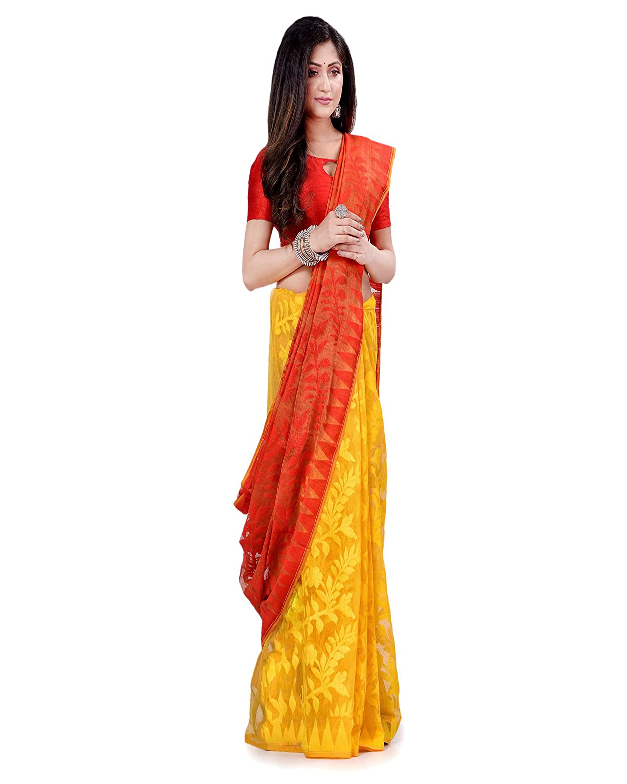 Piyari Fashion Cotton Blend Handloom Yellow Orange Jamdani Saree