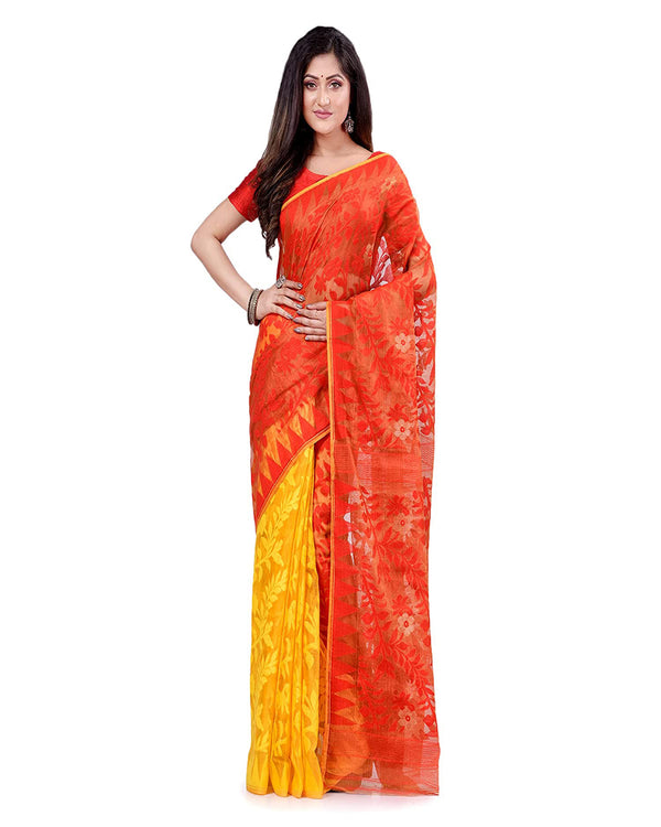 Piyari Fashion Cotton Blend Handloom Yellow Orange Jamdani Saree