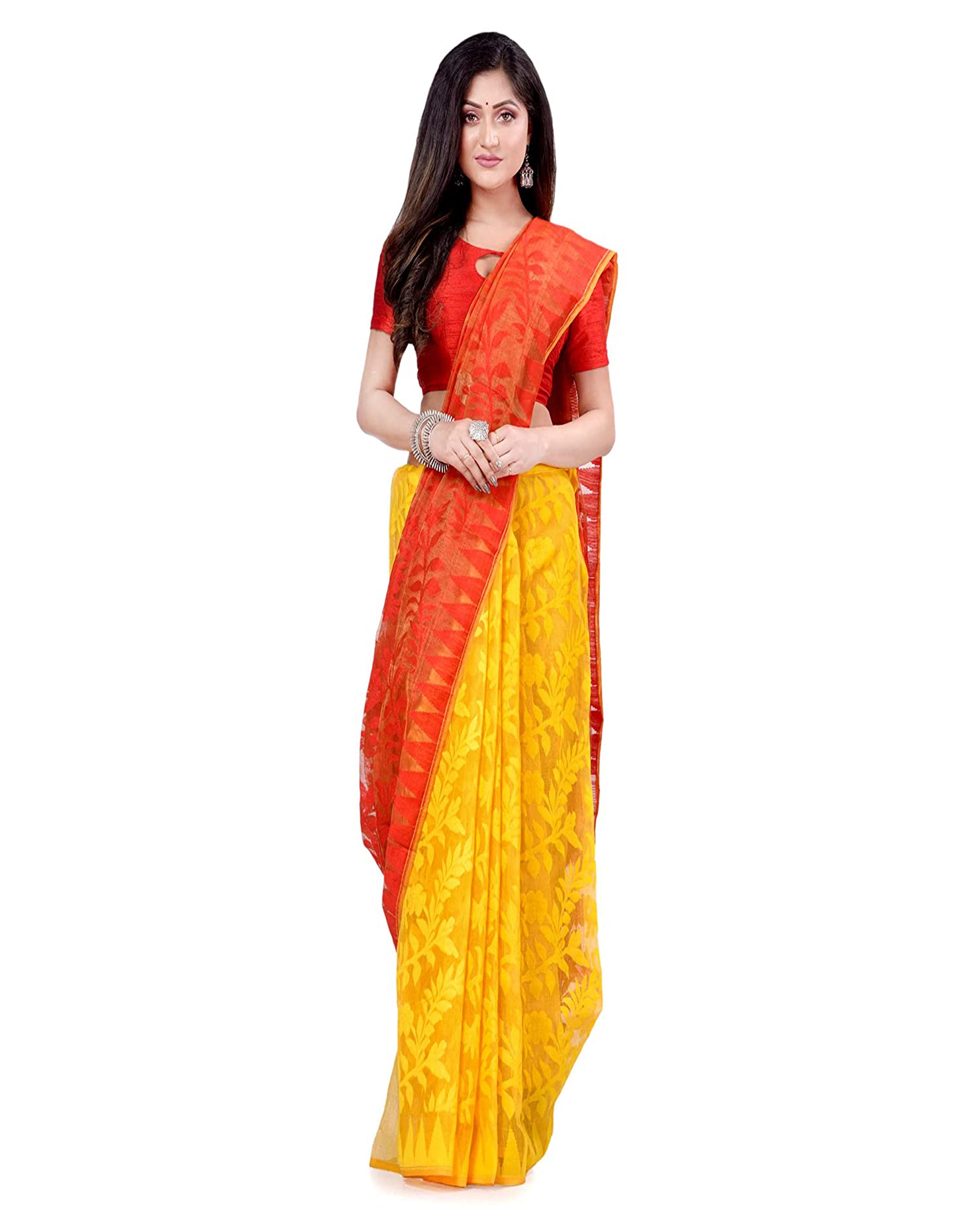 Piyari Fashion Cotton Blend Handloom Yellow Orange Jamdani Saree