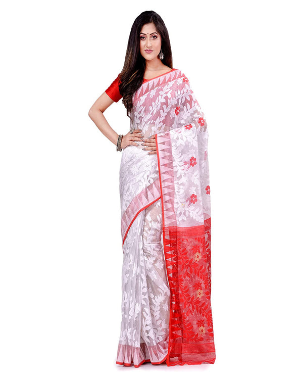 Piyari Fashion Cotton Blend Handloom White Jamdani Saree