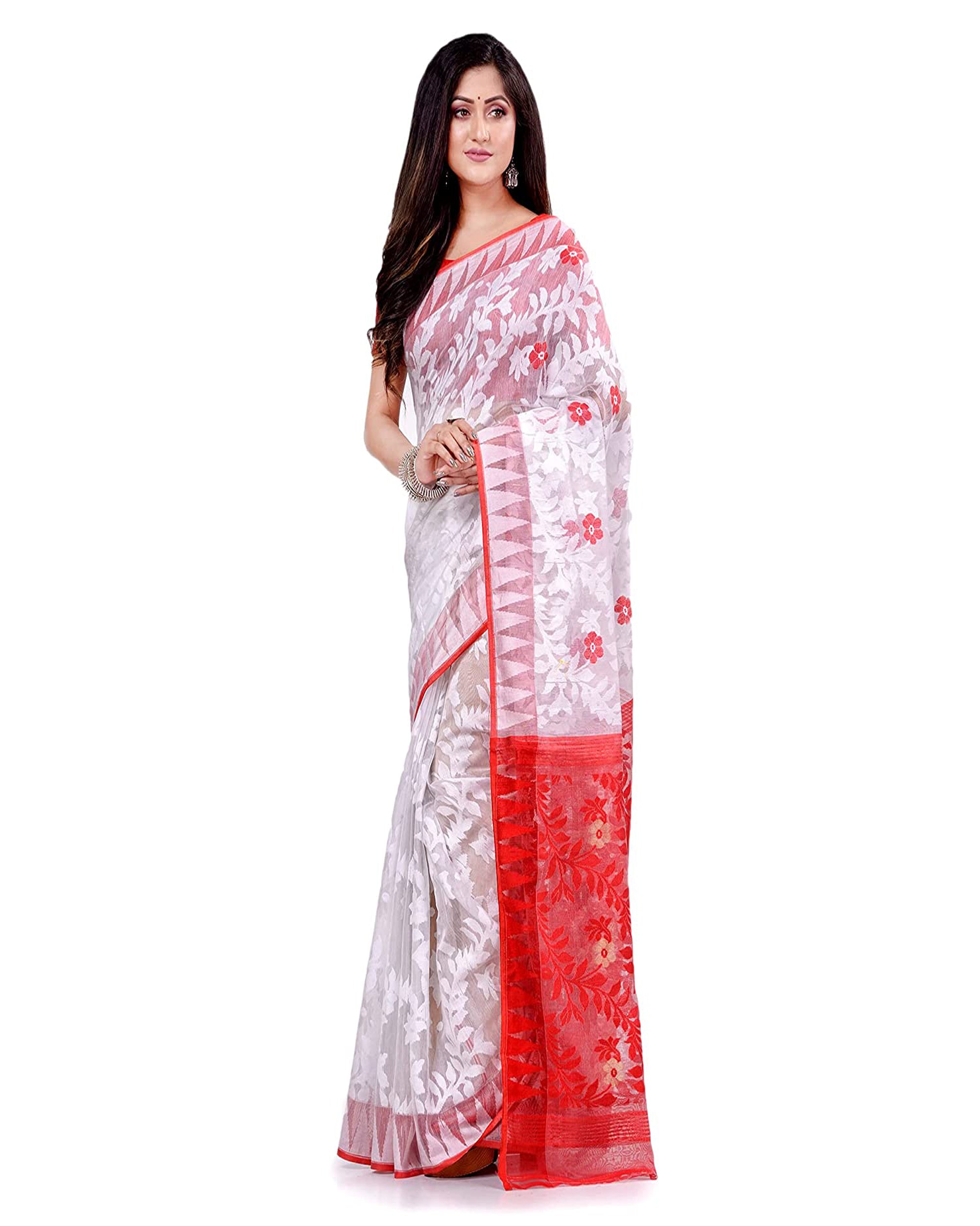 Piyari Fashion Cotton Blend Handloom White Jamdani Saree