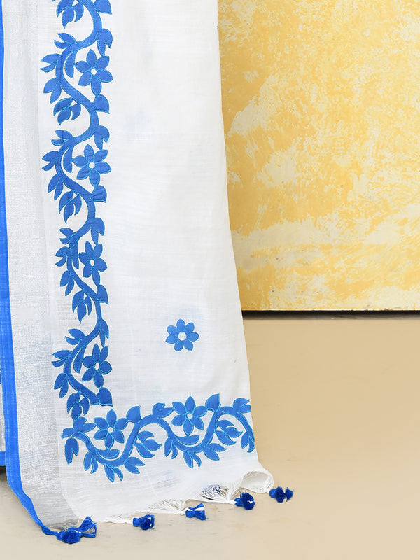 Piyari Fashion Women's White Exclusive Applique Saree With Blouse Piece