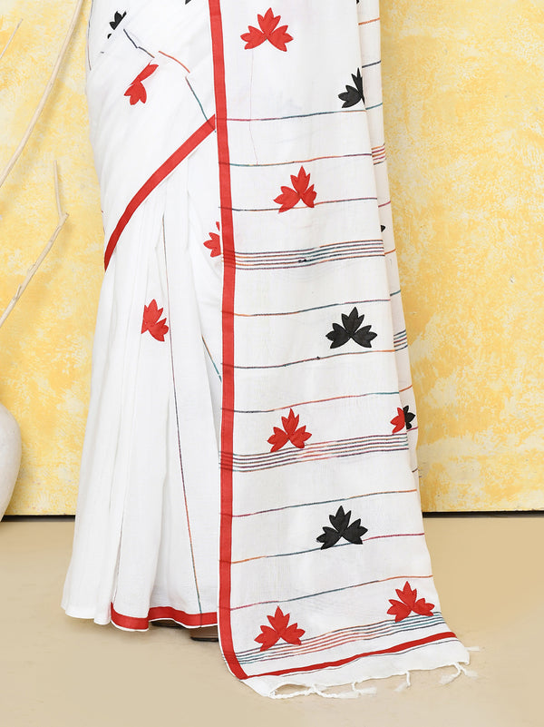 Piyari Fashion Women's White Exclusive Applique Saree With Blouse Piece