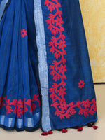 Thumbnail for Piyari Fashion Women's Royal Blue Exclusive Applique Saree With Blouse Piece