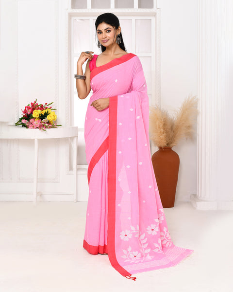 Piyari Fashion Women's Pink Cotton Handloom Jamdani Saree With Blouse