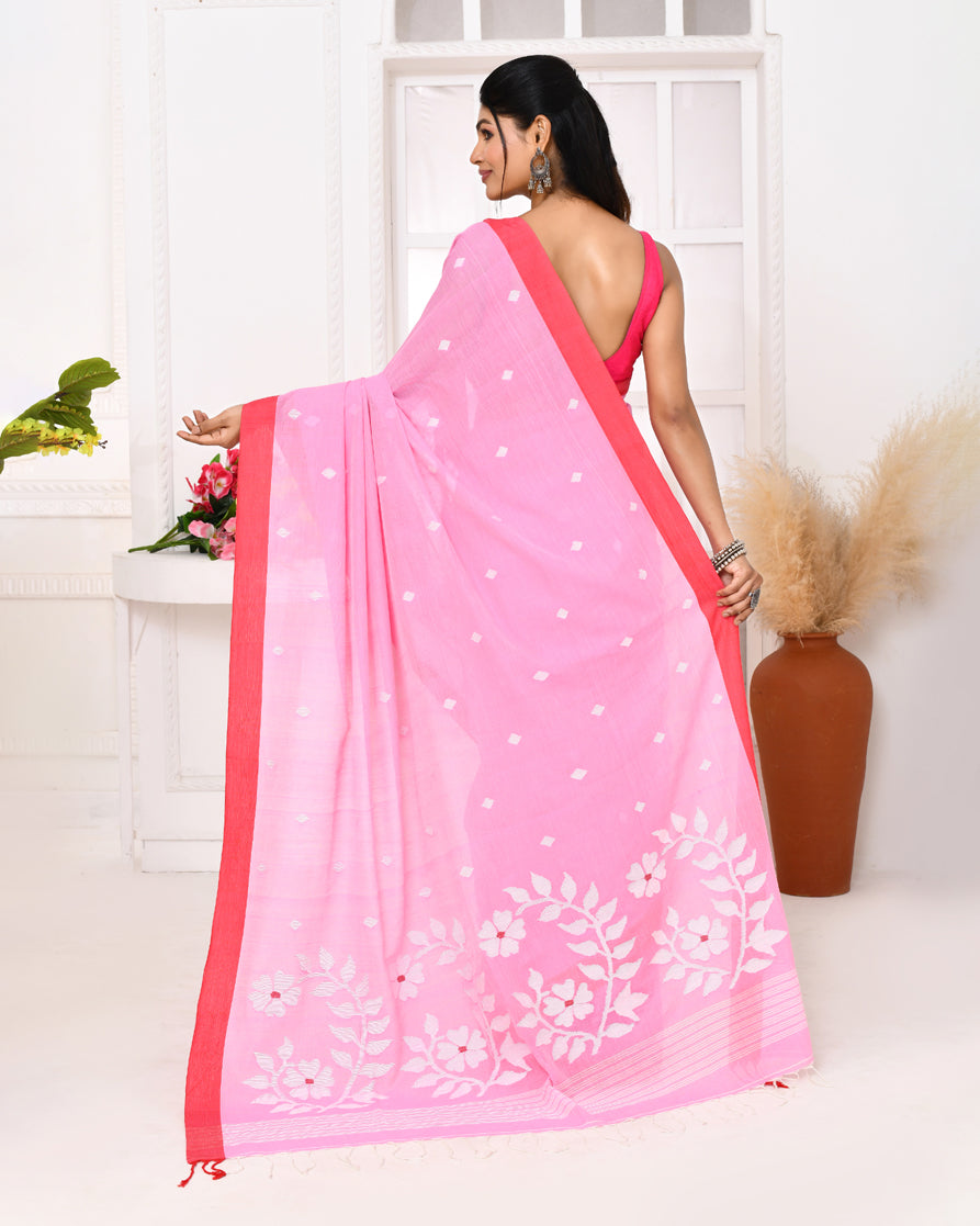 Piyari Fashion Women's Pink Cotton Handloom Jamdani Saree With Blouse