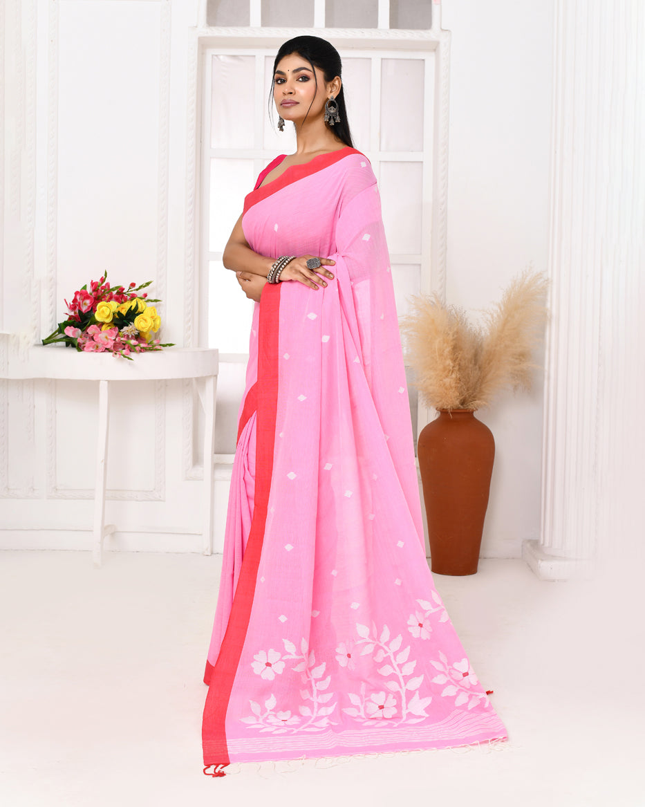 Piyari Fashion Women's Pink Cotton Handloom Jamdani Saree With Blouse