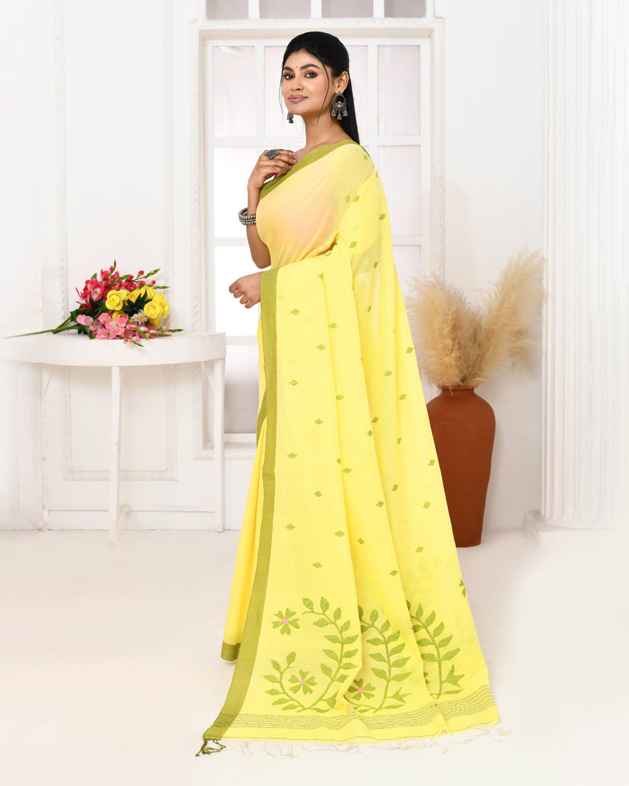 Piyari Fashion Women's Light Lemon Yellow Cotton Handloom Jamdani Saree With Blouse