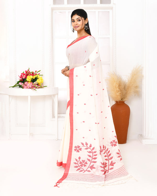 Piyari Fashion Women's White Cotton Handloom Jamdani Saree With Blouse