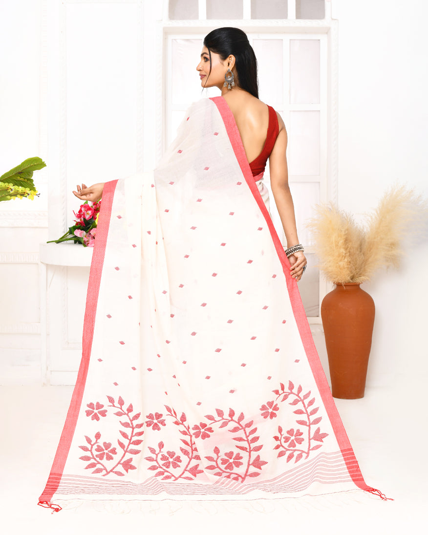 Piyari Fashion Women's White Cotton Handloom Jamdani Saree With Blouse