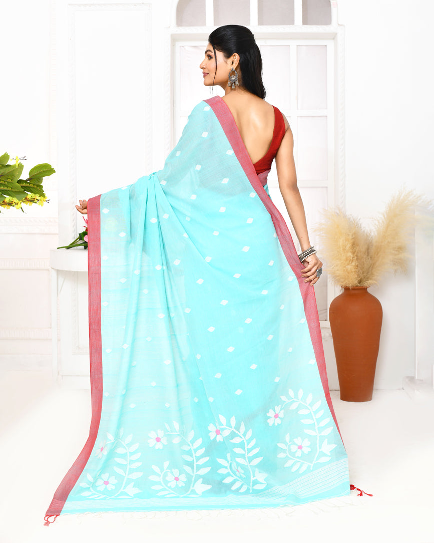 Piyari Fashion Women's Light Sky Blue Cotton Handloom Jamdani Saree With Blouse