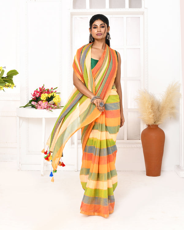 Piyari Fashion Multi Color Striped Mulmul Cotton Saree With Tassels
