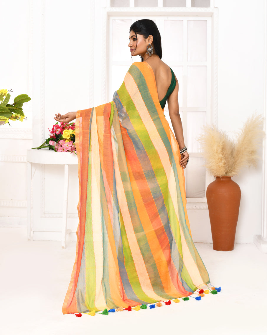 Piyari Fashion Multi Color Striped Mulmul Cotton Saree With Tassels