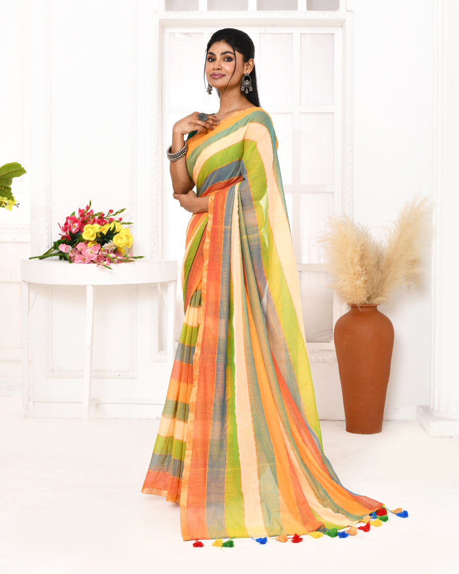 Piyari Fashion Multi Color Striped Mulmul Cotton Saree With Tassels