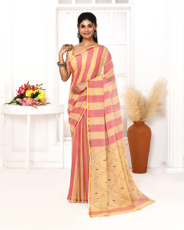 Piyari Fashion Women's Red Tangerine Cotton Handloom Jamdani Saree With Blouse