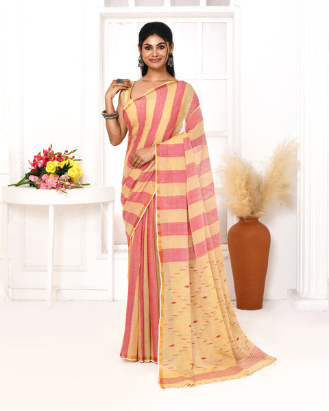 Piyari Fashion Women's Red Tangerine Cotton Handloom Jamdani Saree With Blouse