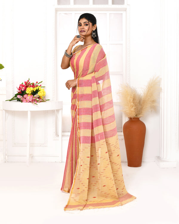 Piyari Fashion Women's Red Tangerine Cotton Handloom Jamdani Saree With Blouse