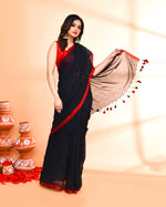 Thumbnail for Piyari Fashion Red Border Black Mulmul Cotton Saree With Tassels