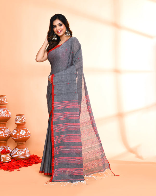 Piyari Fashion Women`s Grey Hand Work Cotton Saree With Blouse
