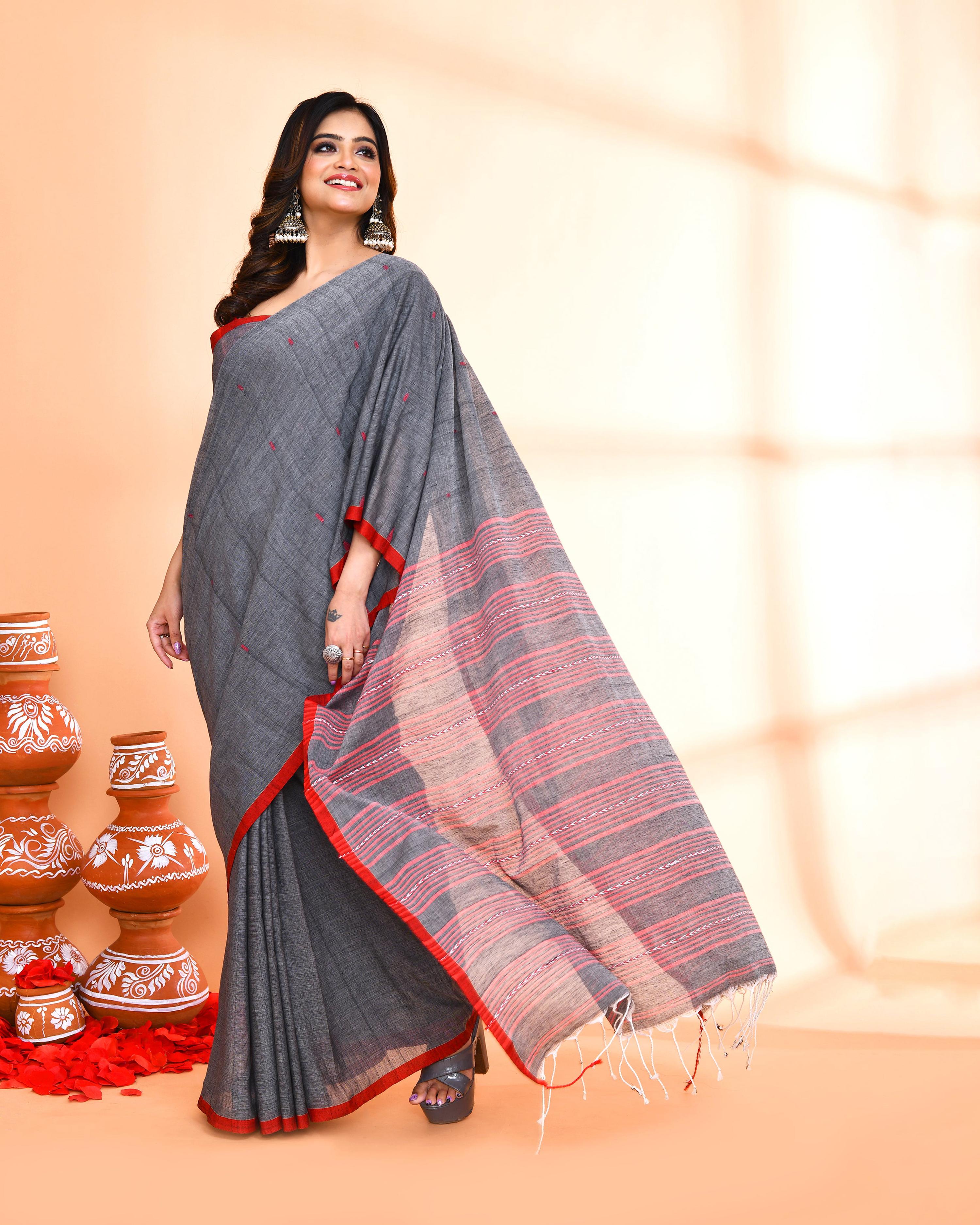 Piyari Fashion Women`s Grey Hand Work Cotton Saree With Blouse