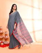 Thumbnail for Piyari Fashion Women`s Grey Hand Work Cotton Saree With Blouse