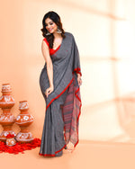 Thumbnail for Piyari Fashion Women`s Grey Hand Work Cotton Saree With Blouse