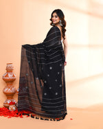Thumbnail for Piyari Fashion Women`s Black Hand Work Cotton Jamdani Saree With Blouse