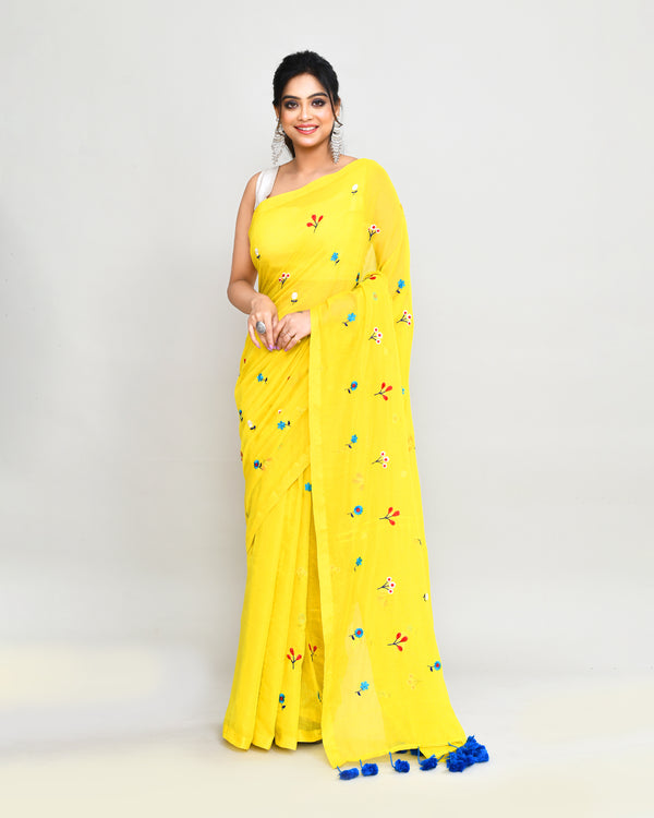 Piyari Fashion Women's Lemon Exclusive Embroidery Saree With Tassels